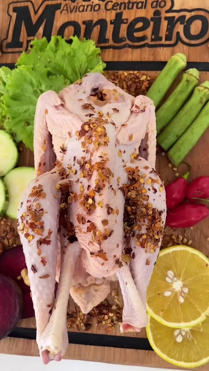 Frango inteiro fresco sobre tábua, com limão e salada